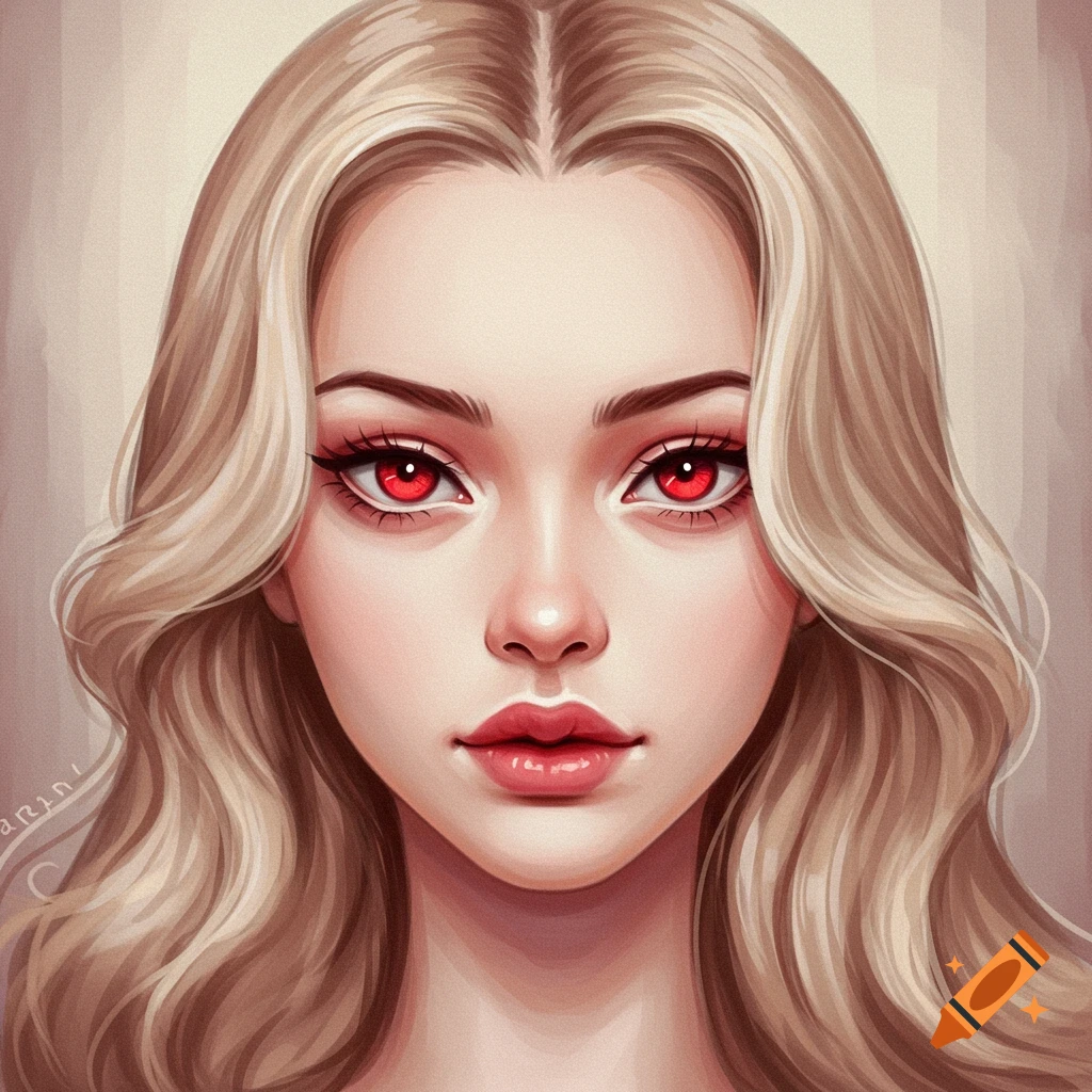 A woman with light blonde hair and bright red eyes