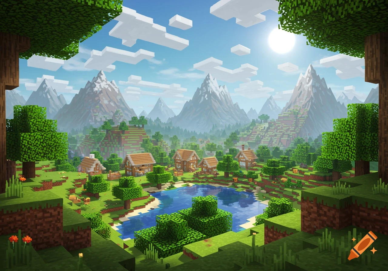 A Minecraft village landscape with houses, a lake, mountains, and trees.