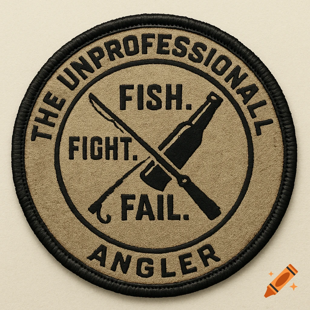 Round patch with fishing rod, beer bottle, and text 'Fish. Fight. Fail.' and 'The Unprofessionall Angler'.