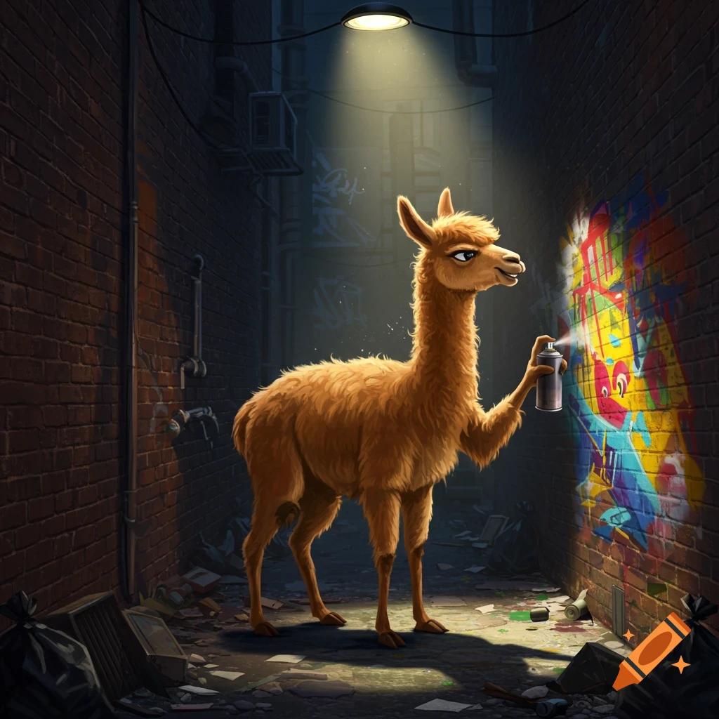 A llama sprays colorful graffiti onto a brick wall in a dark alleyway.