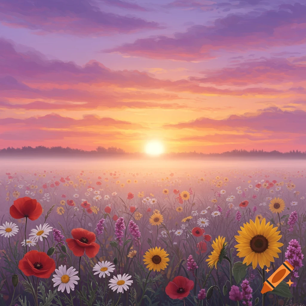 A field of wildflowers including poppies, sunflowers, and daisies at sunrise