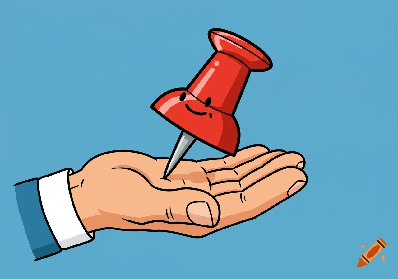 Cartoon hand holding a red push pin with a smiley face.
