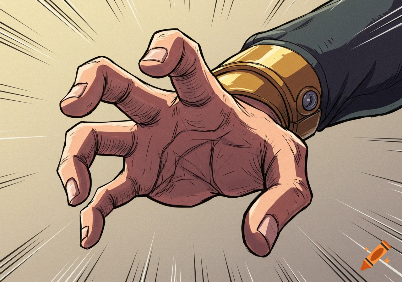 A hand reaches out in a manga style with speed lines in the background.