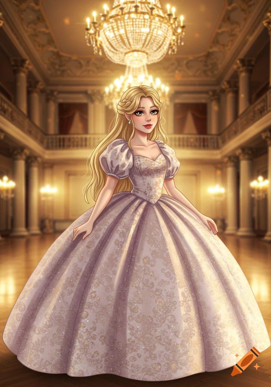 A woman in a ballgown stands in a grand ballroom, illustration style.