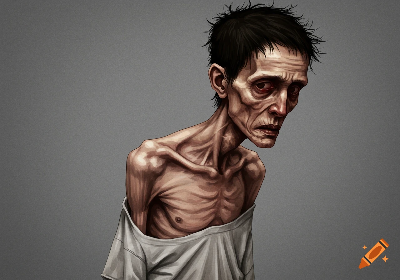 A severely thin man in a loose shirt.