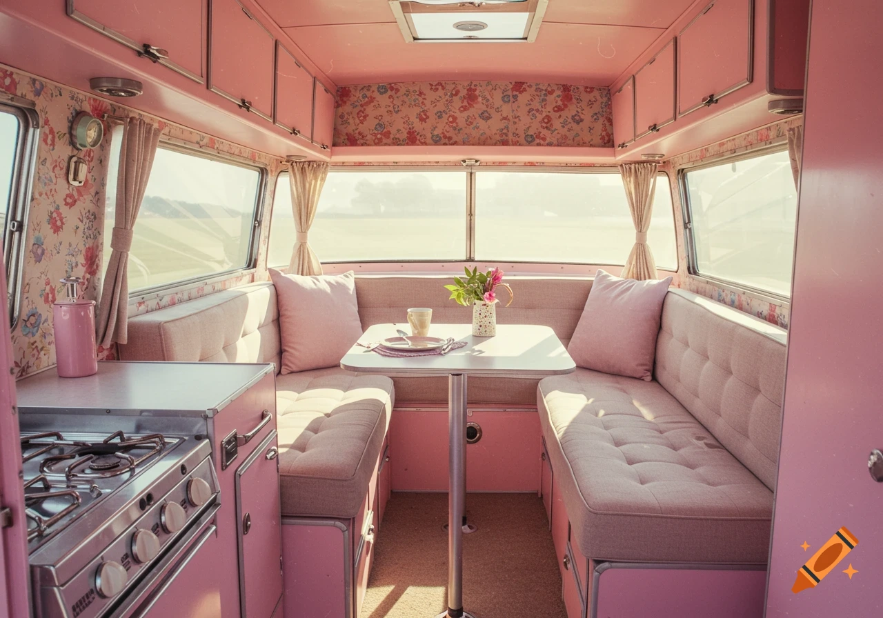 Interior of a pink camper van with seating, table, stove, and windows, in a photo style.