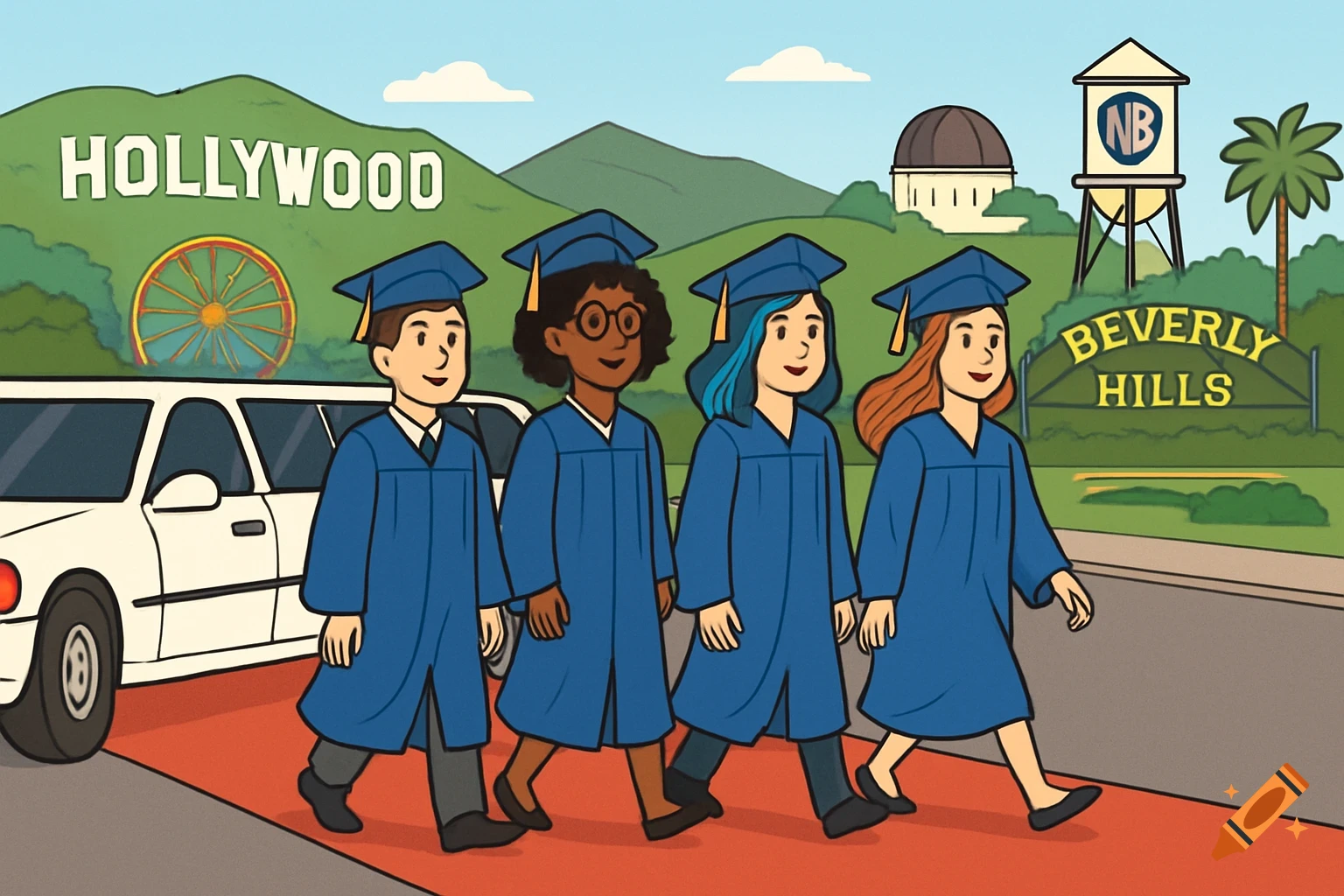 Clip art of four students in graduation gowns walking red carpet with limo and Los Angeles landmarks.