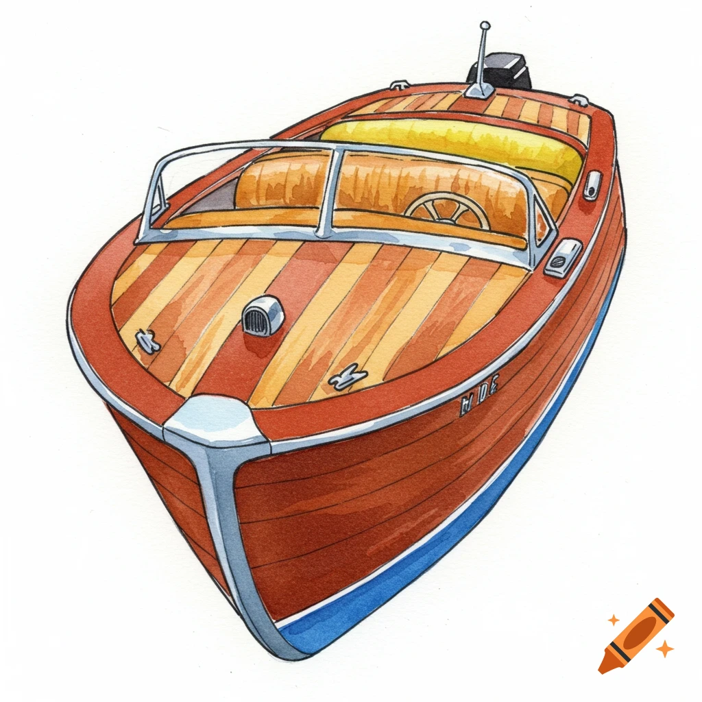 Watercolor painting of a wooden speedboat