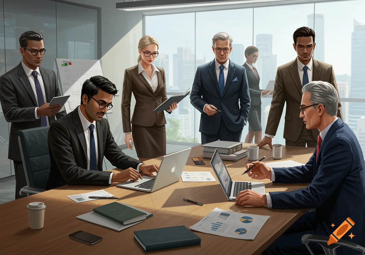 A diverse group in business suits in a modern office meeting room, looking at laptops and documents around a conference table.