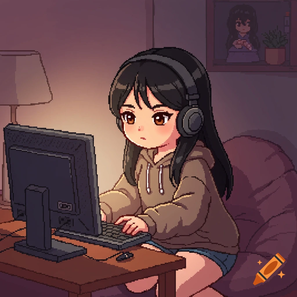 Pixel art anime girl with headphones playing a video game on a computer at a desk in a room.