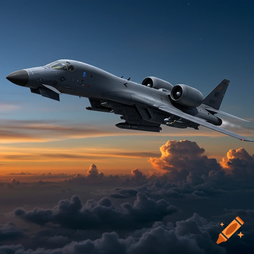A hybrid bomber/attack jet flies through clouds at sunset.