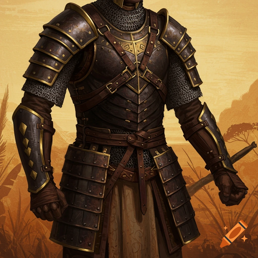 Dark leather and metal armor with chainmail.
