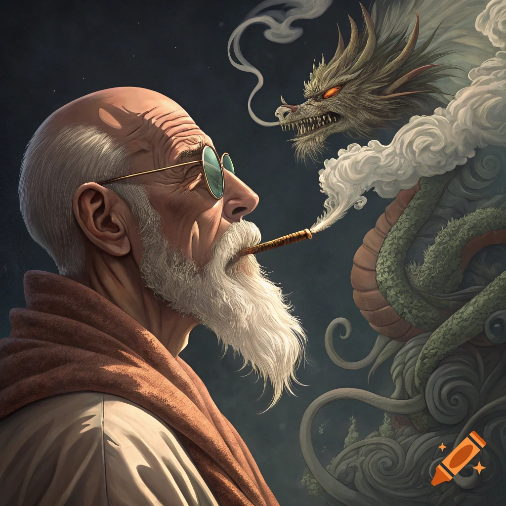 An old man with a white beard and glasses smokes a pipe, with a dragon emerging from the smoke.