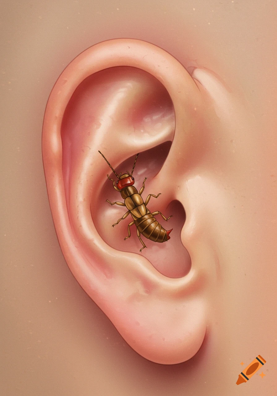 A detailed image of an earwig crawling inside a human ear.