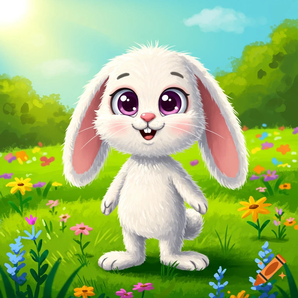 A cute cartoon white bunny with big purple eyes stands in a field of colorful flowers under a sunny sky.