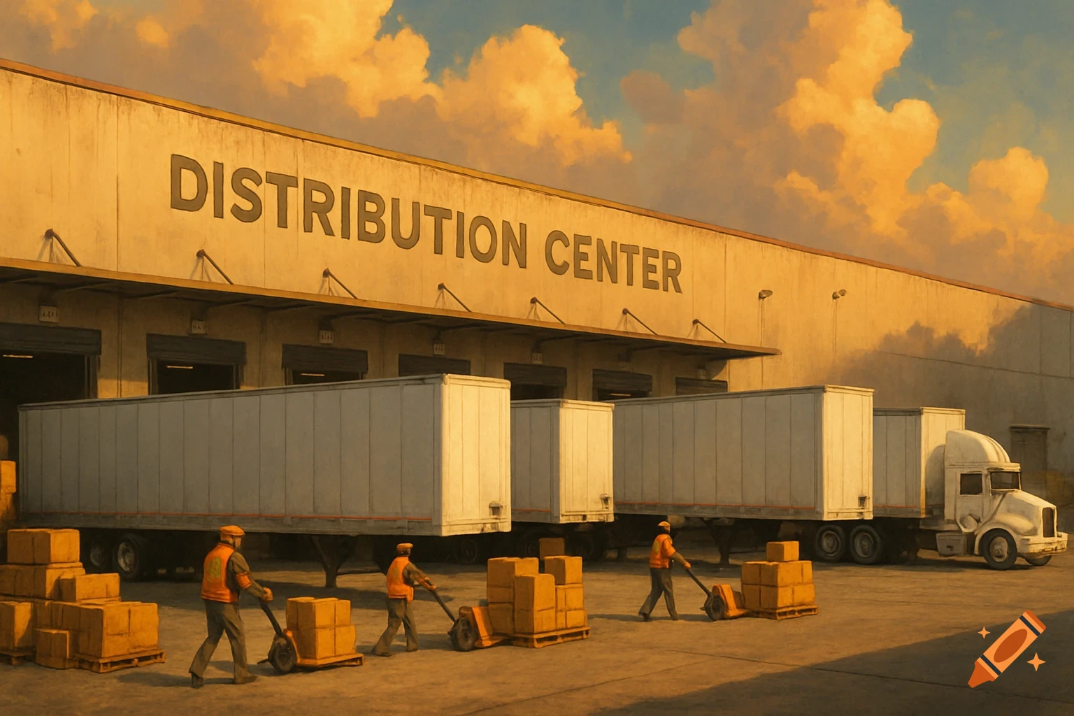 A bustling distribution center at sunset, with trucks lined up and workers actively moving boxes.