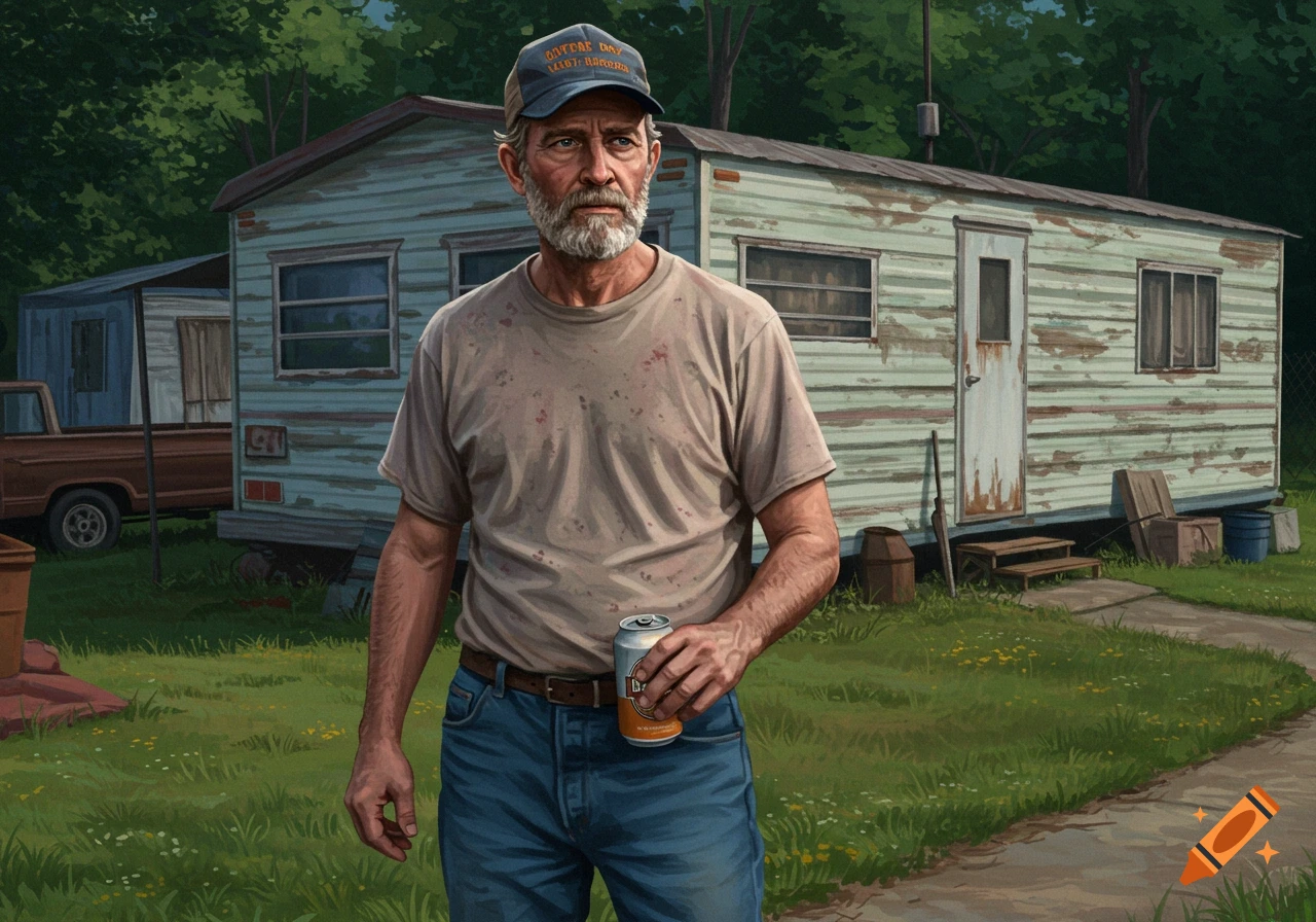 Man in a baseball cap holding a can stands in front of a trailer.