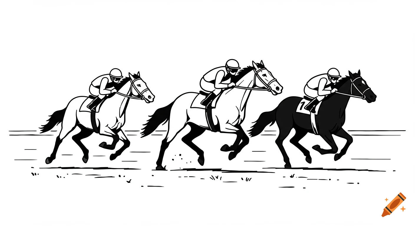 Black and white clip art illustration of three racehorses and jockeys running.
