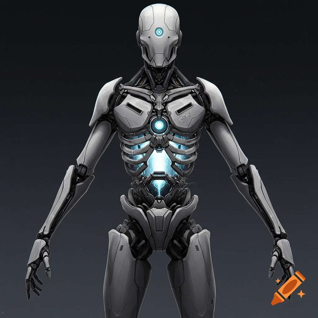 White and gray humanoid robot with glowing blue core and visible mechanical ribs, concept art style.