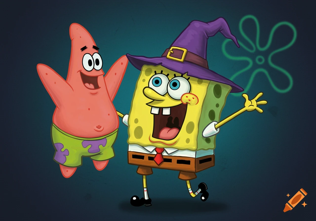 Spongebob Squarepants in a witch hat stands next to Patrick Star, both looking happy in a cartoon style.