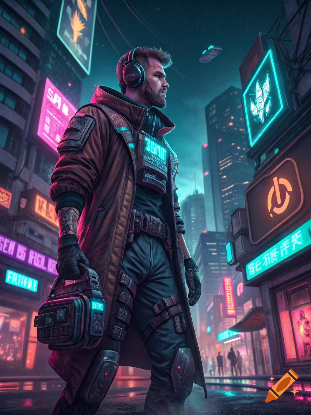 Man in cyberpunk city street wearing headphones and coat, holding a device, looking right.