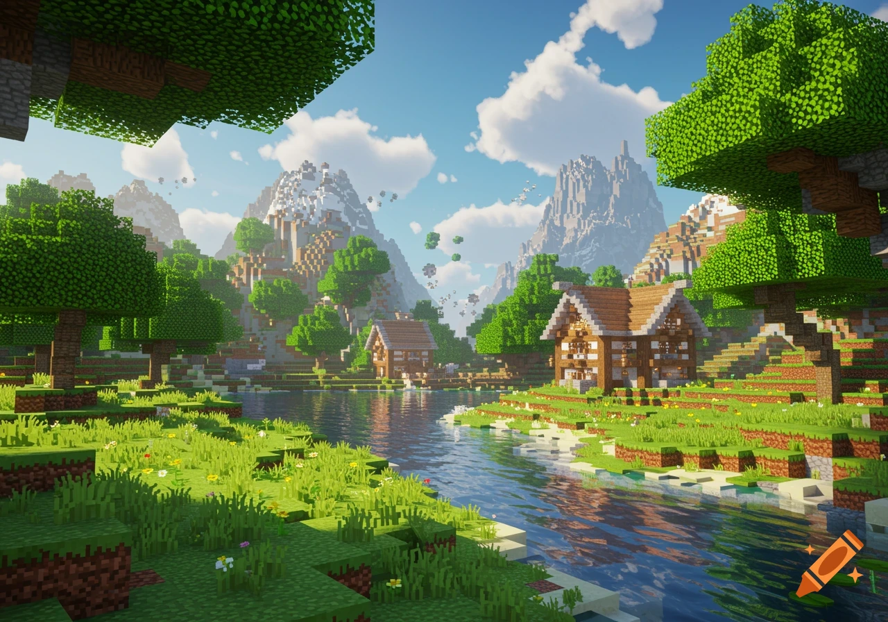 A vibrant Minecraft landscape with houses, a river, trees, and mountains under a sunny sky.