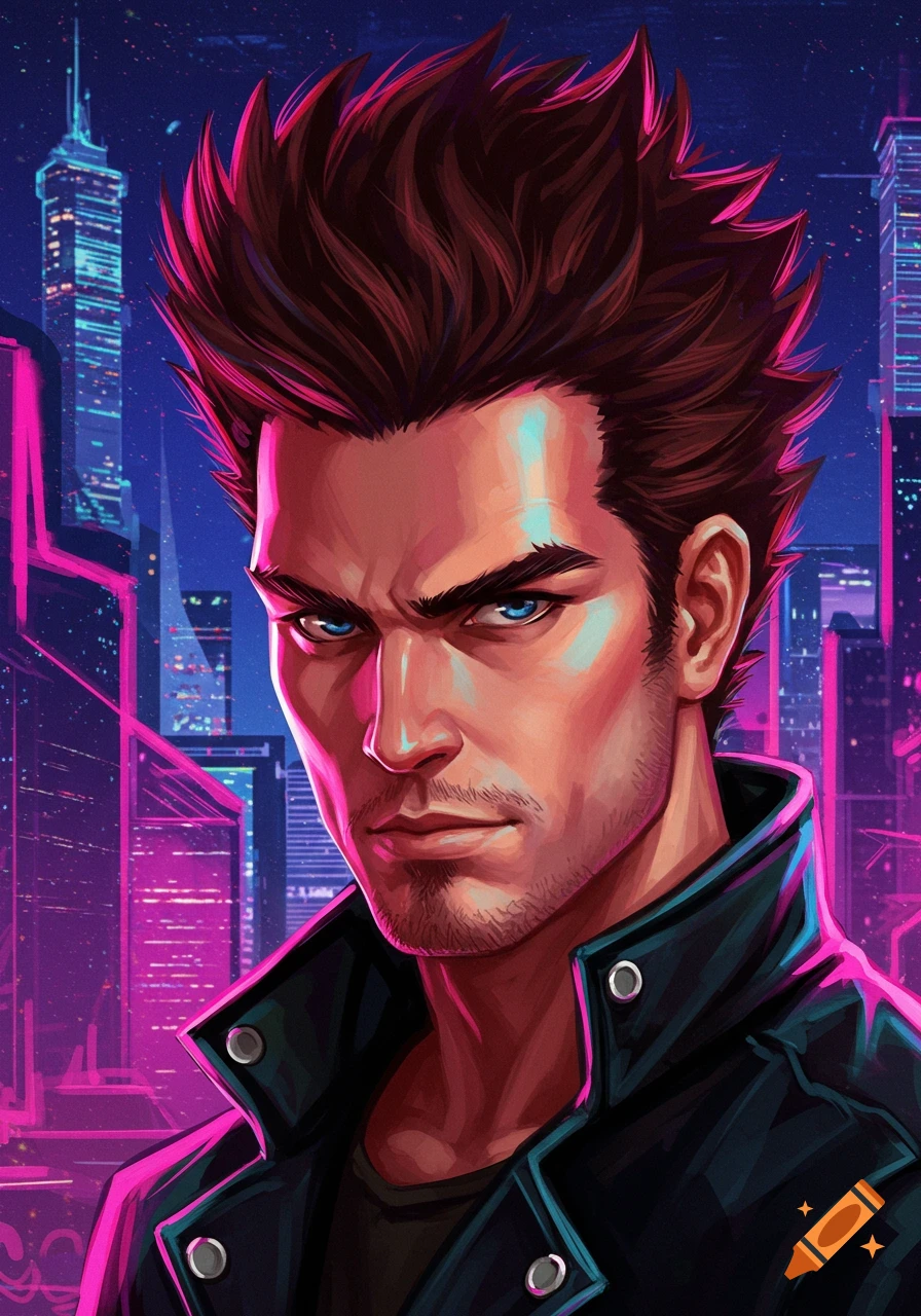 Illustration of a man with spiky hair against a futuristic city backdrop.