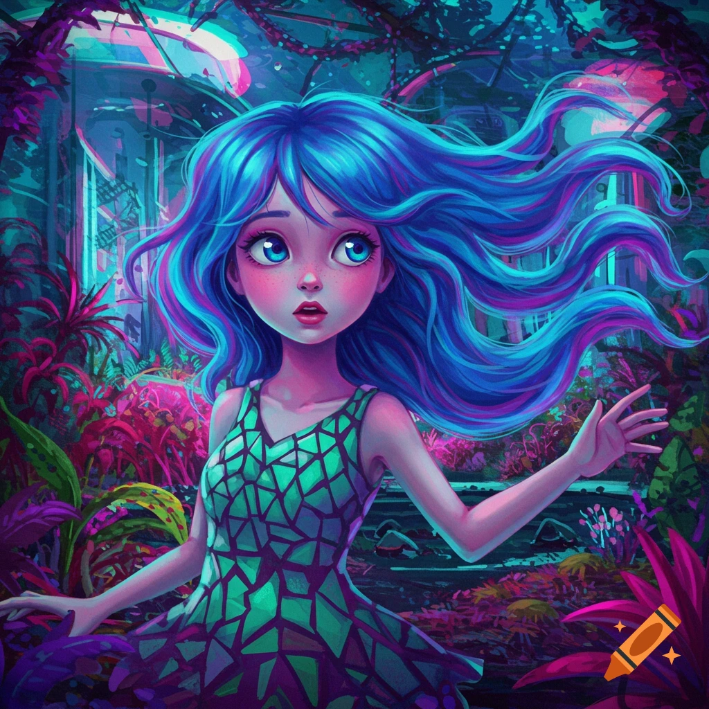 A blue-haired girl is shown in a vibrant jungle.