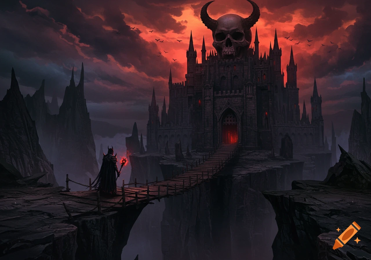 A dark figure stands on a bridge that leads to a skull castle under a red sky.