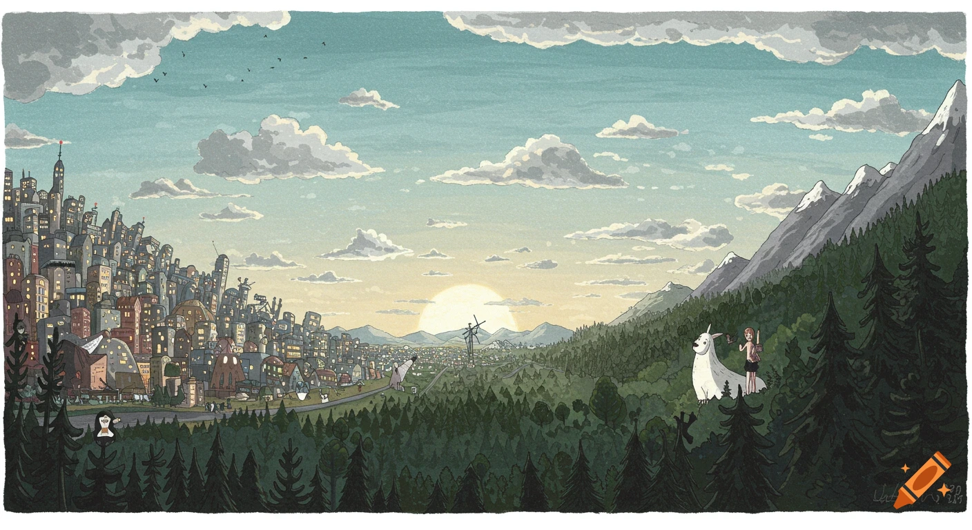 An illustration of a landscape transitioning from a dense city to mountains and forest, with a white creature and person.