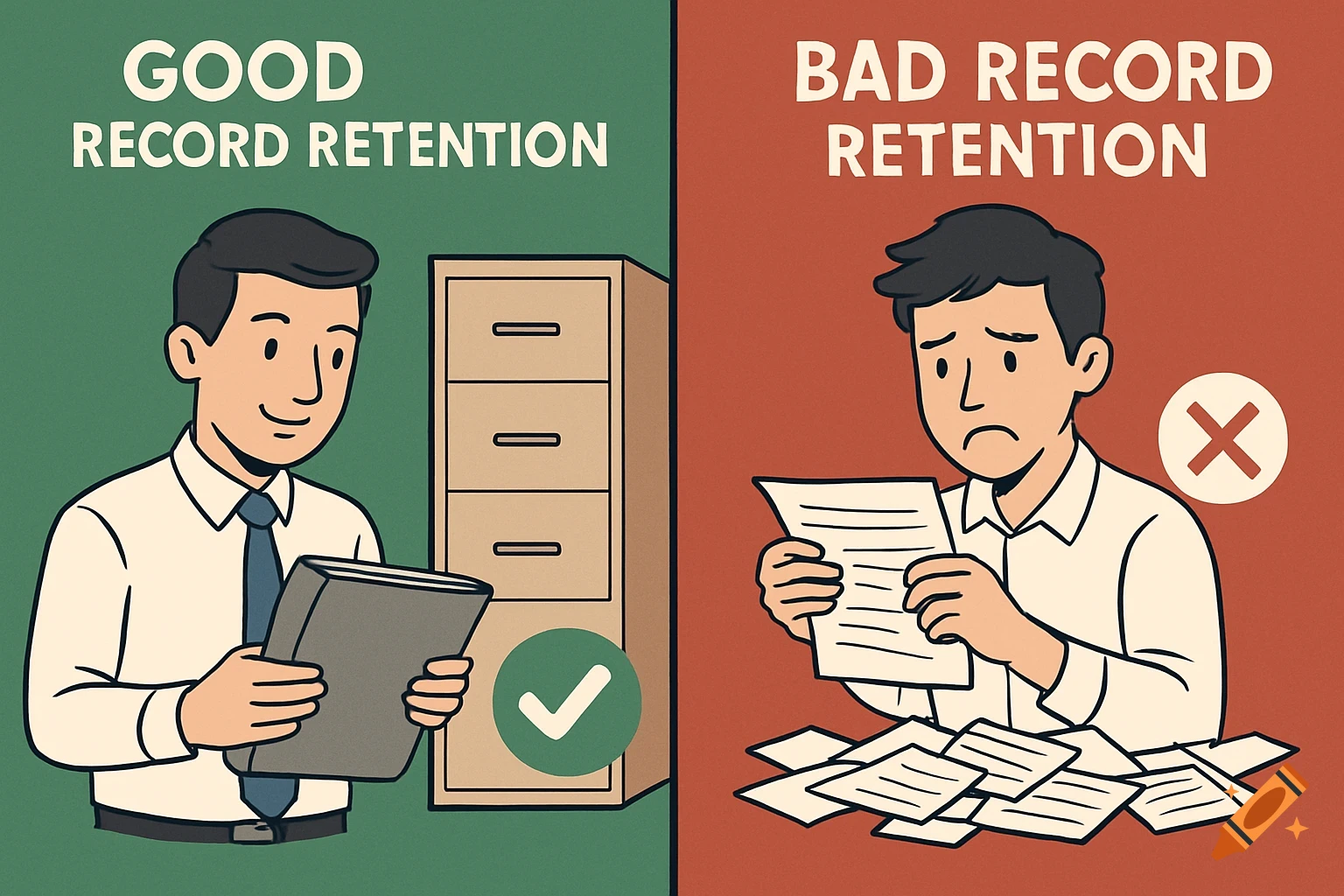 Illustration showing good vs. bad record retention, with organized and ...