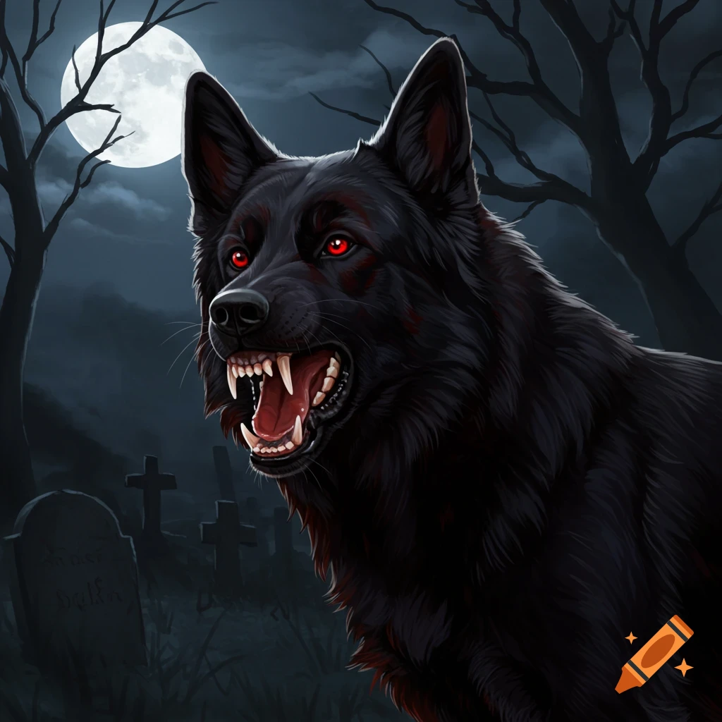 A snarling black dog with red eyes and fangs stands in a graveyard under a full moon.
