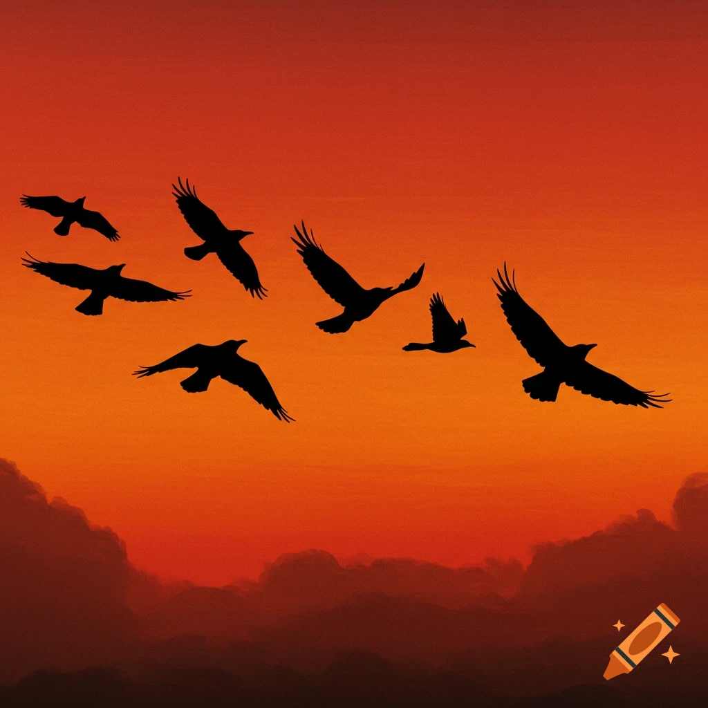 Seven bird silhouettes fly across an orange and red sunset sky.