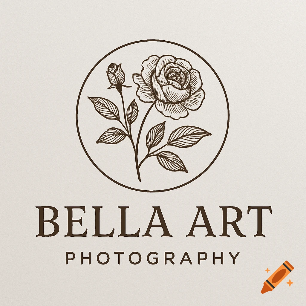 Logo with a line drawing of a rose in a circle and the text "Bella Art Photography".