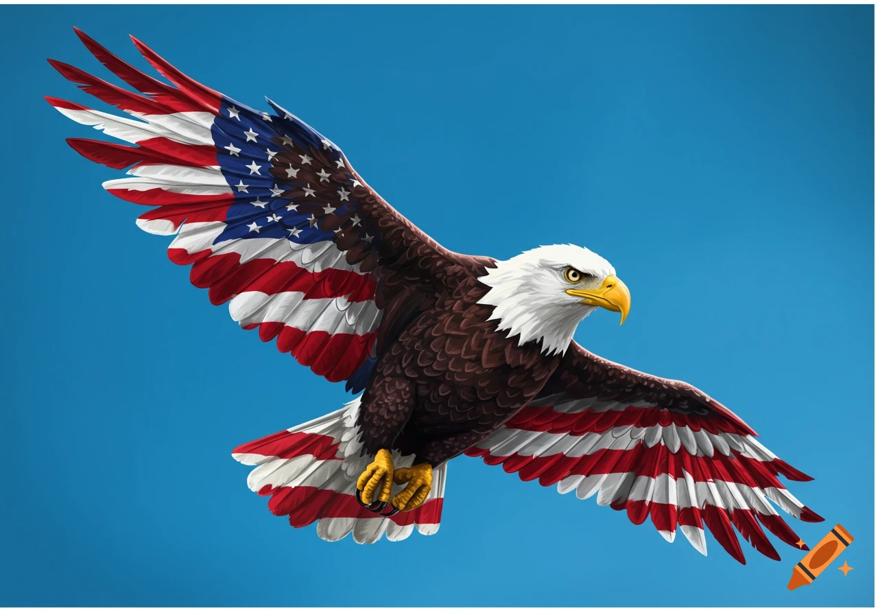 A bald eagle with American flag patterned wings flies against a blue sky.