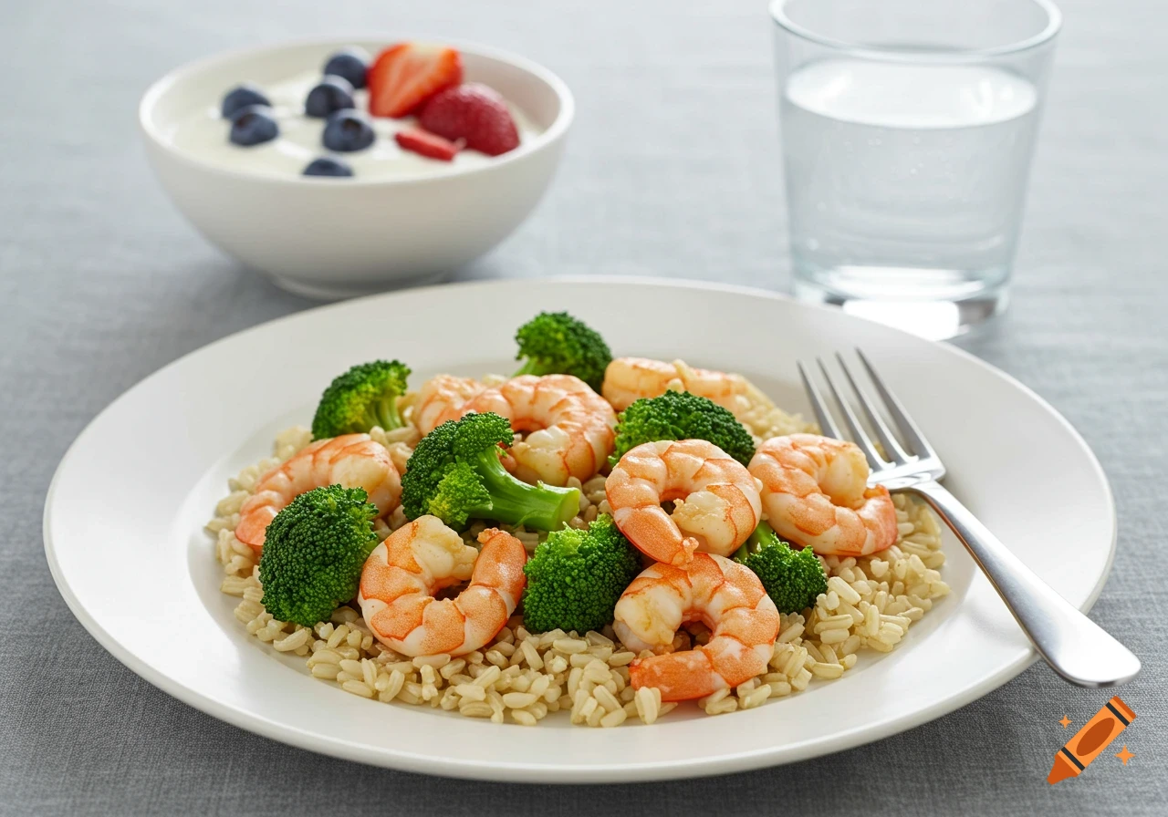 A plate of shrimp and broccoli over brown rice, with yogurt and berries, and a glass of water.