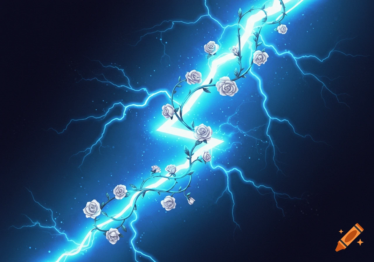 A bright blue lightning bolt vine with white roses blooming on it, against a dark stormy background.