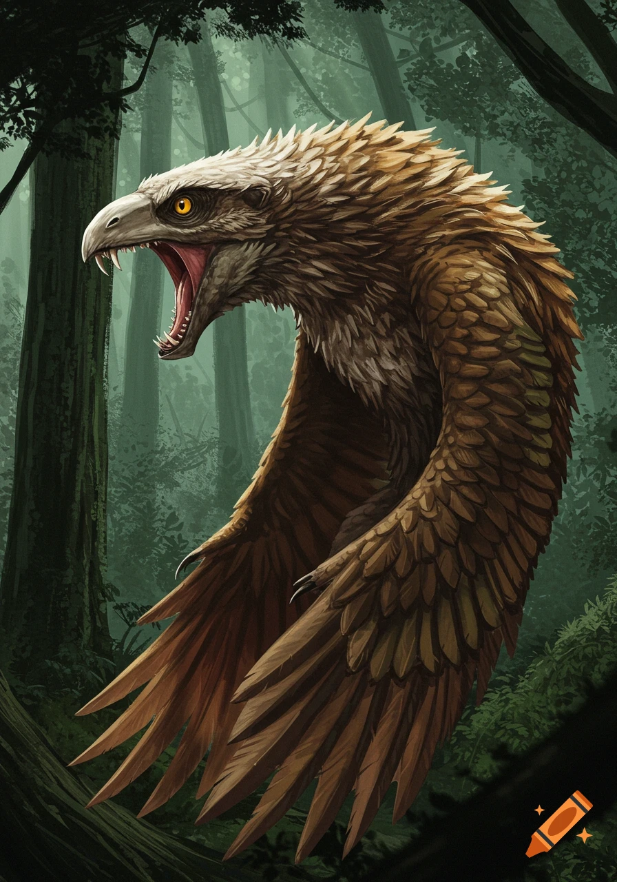 A fierce feathered creature with sharp beak and teeth roaring in a forest.