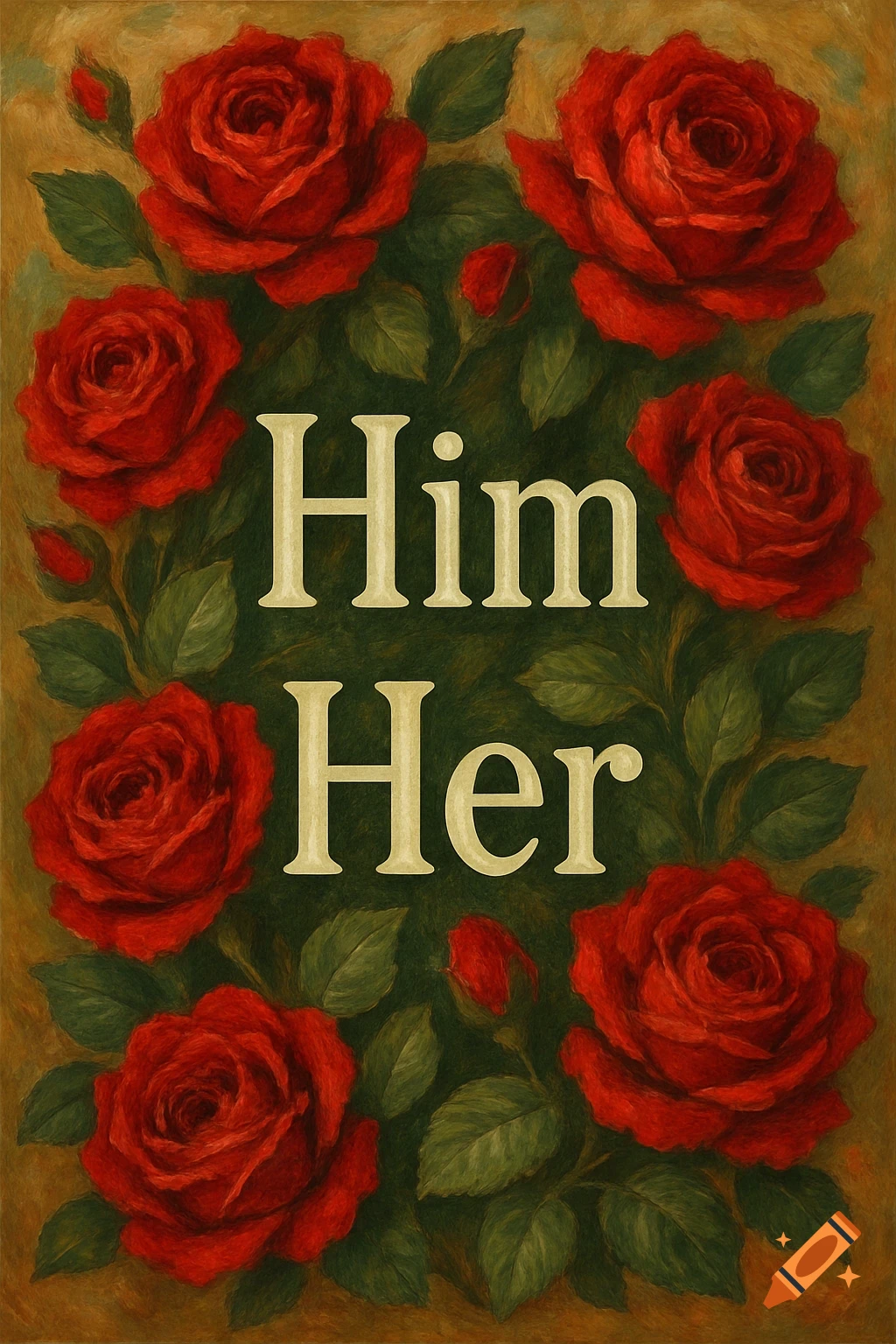 Red roses surround the words Him and Her in a painted style.