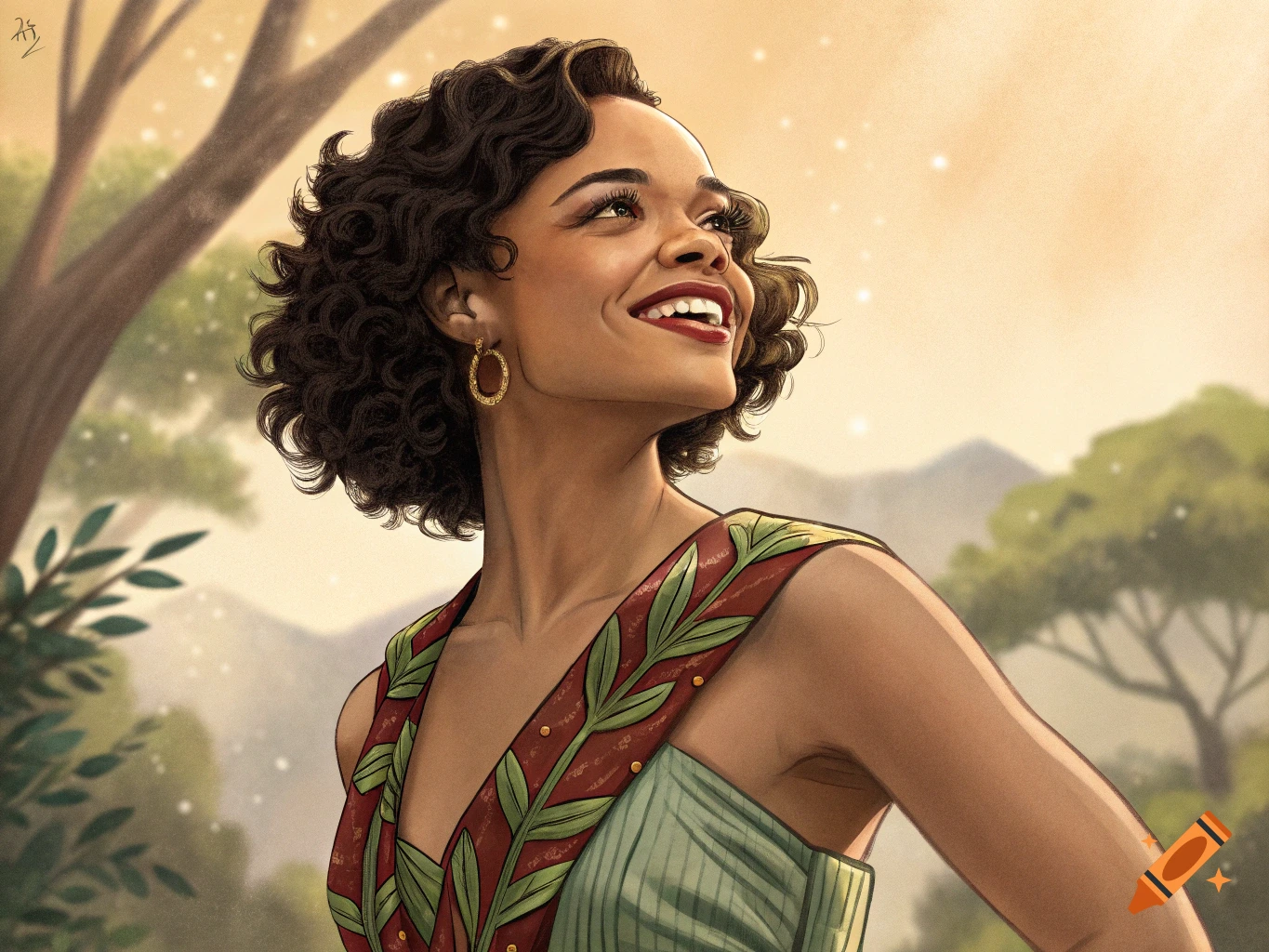 Illustration of a smiling woman looking up, wearing a green and red leaf-patterned dress, in a forest clearing.