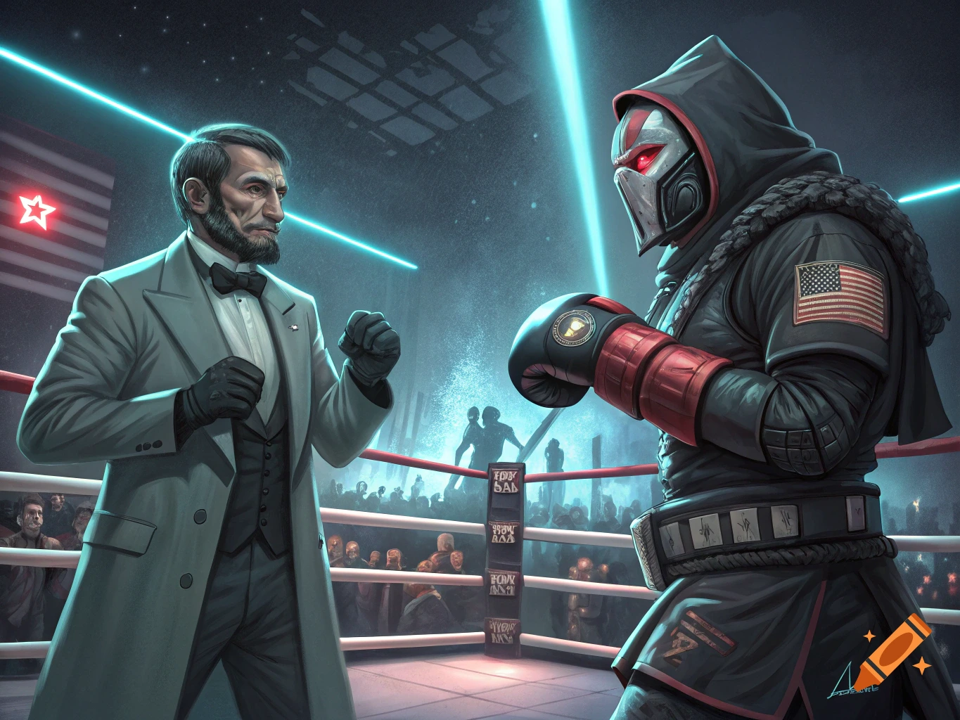 Abraham Lincoln boxes a masked opponent in a futuristic ring.