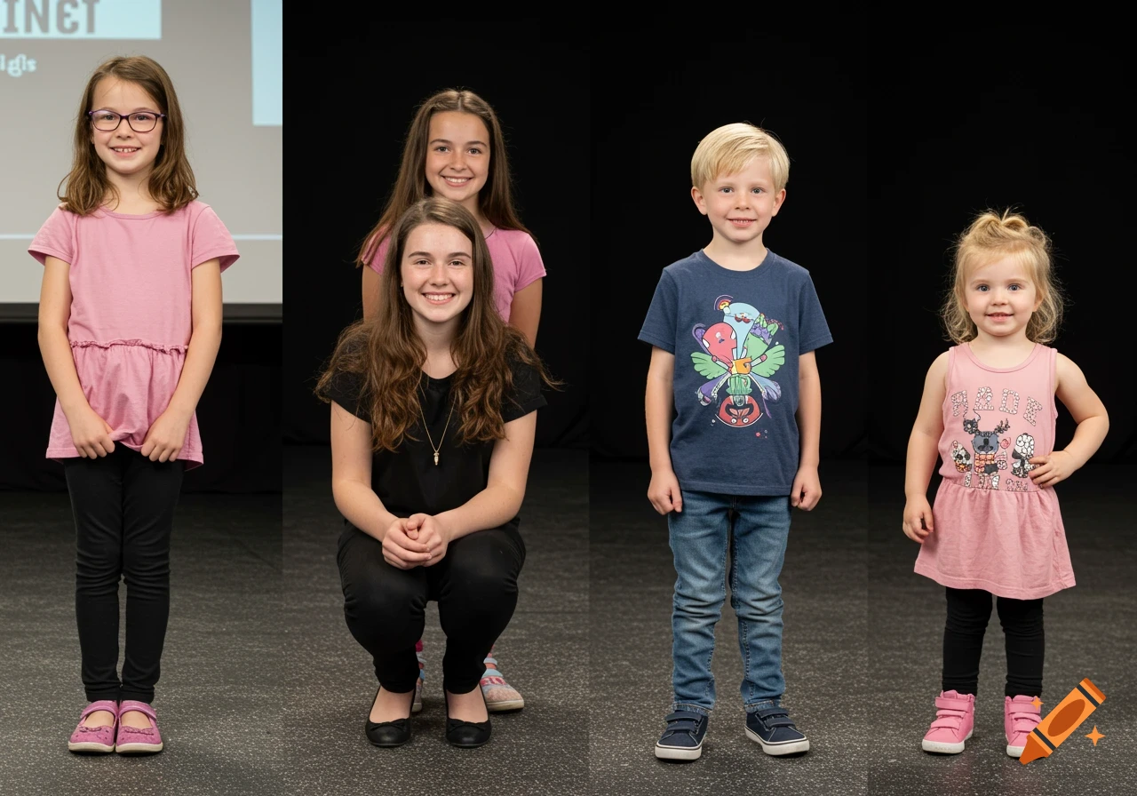 A group photo of four young people: a girl with glasses standing, two girls standing and crouching, and a boy and a toddler standing.
