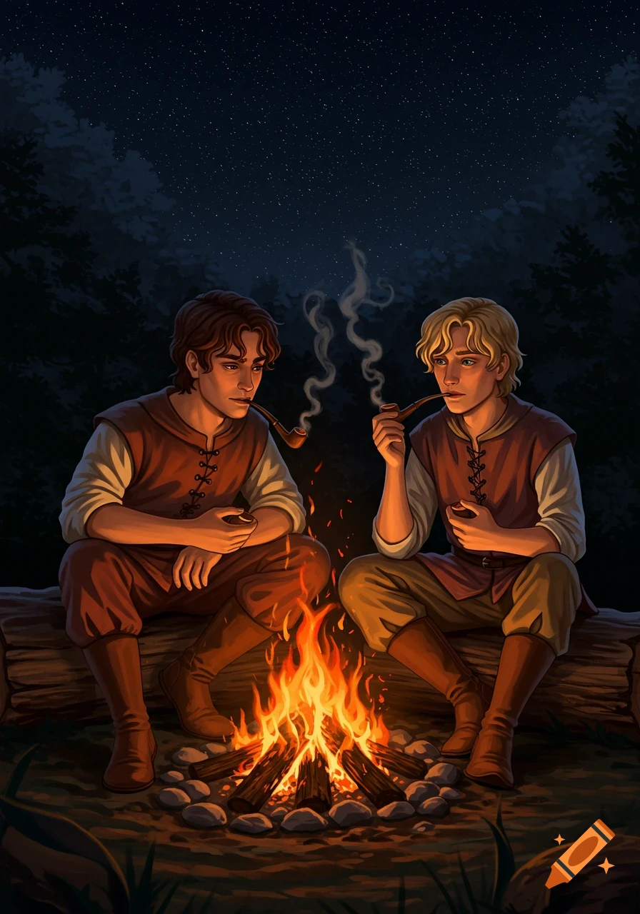Fantasy illustration of two people smoking pipes by a campfire at night.