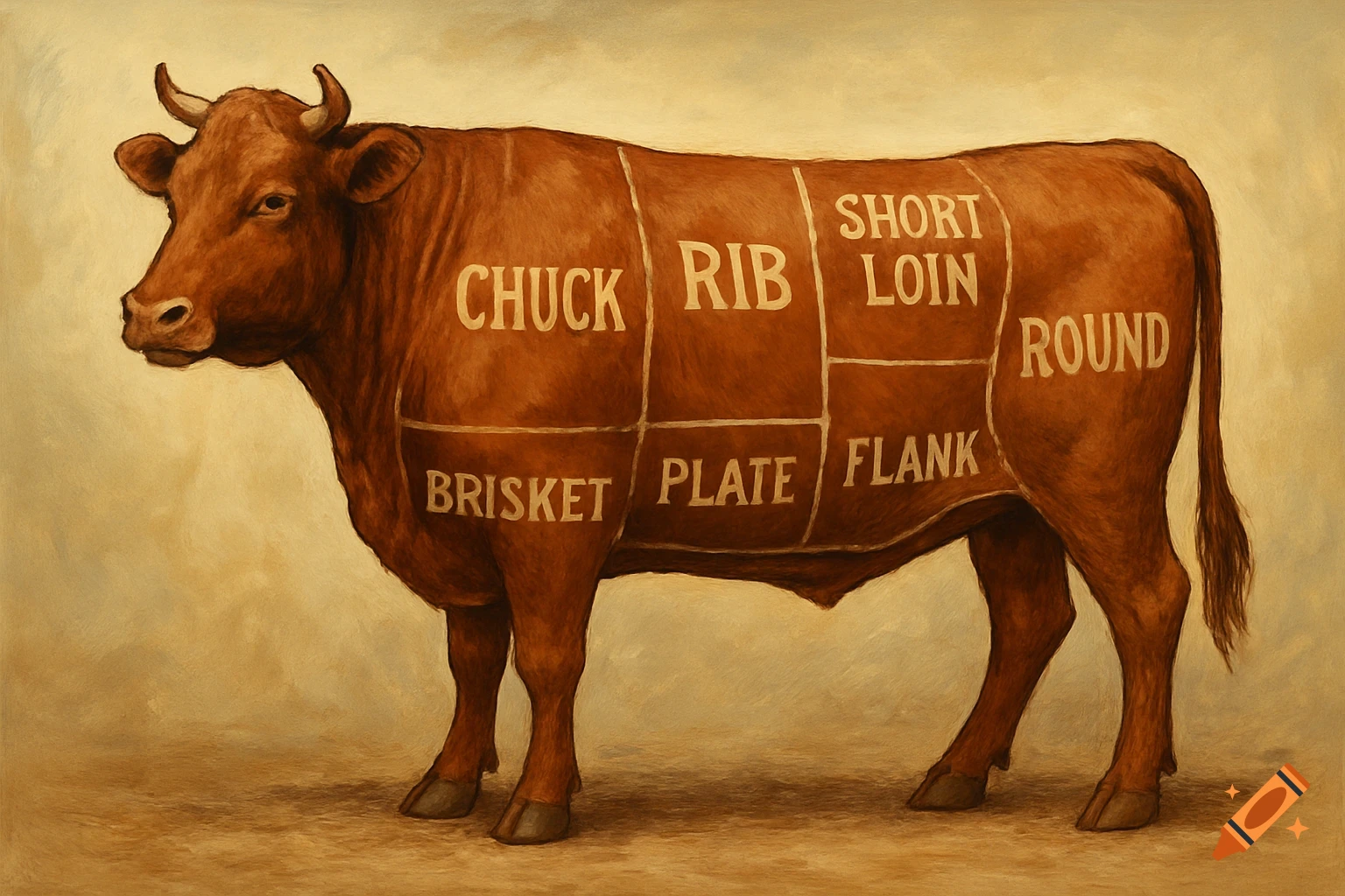 Painting of a brown cow with diagram lines and labels for different meat cuts: Chuck, Rib, Short Loin, Round, Brisket, Plate, Flank.