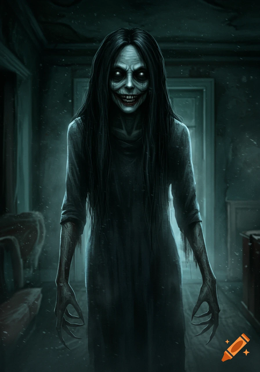 A creepy horror creature with long dark hair, glowing eyes, sharp teeth, and clawed hands stands in a dark hallway.