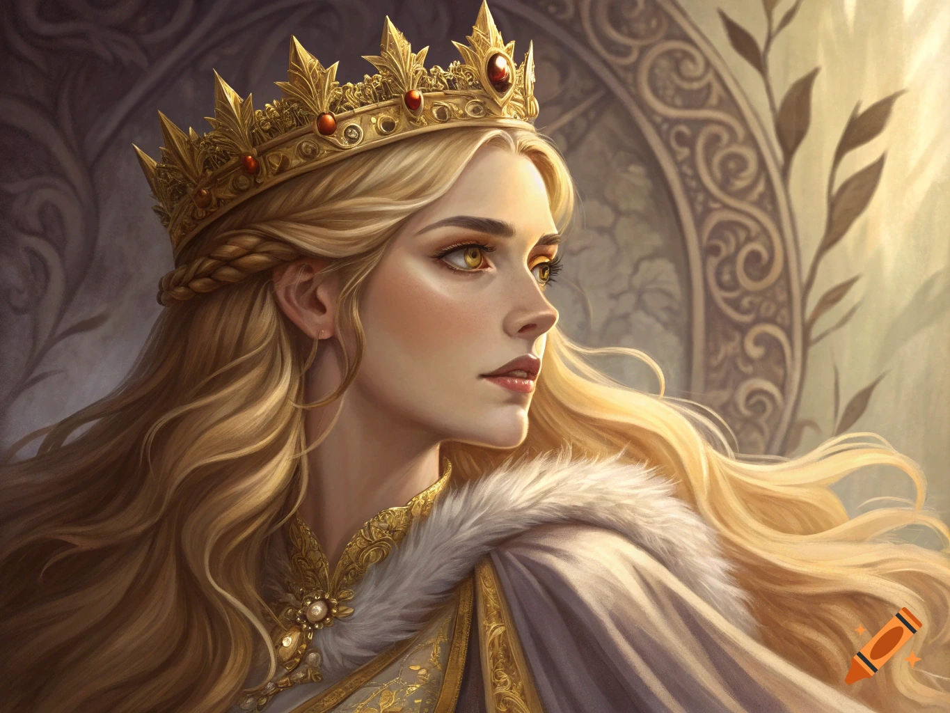 Portrait of a woman with long blonde hair, golden eyes, wearing a golden crown and fur-lined cape.