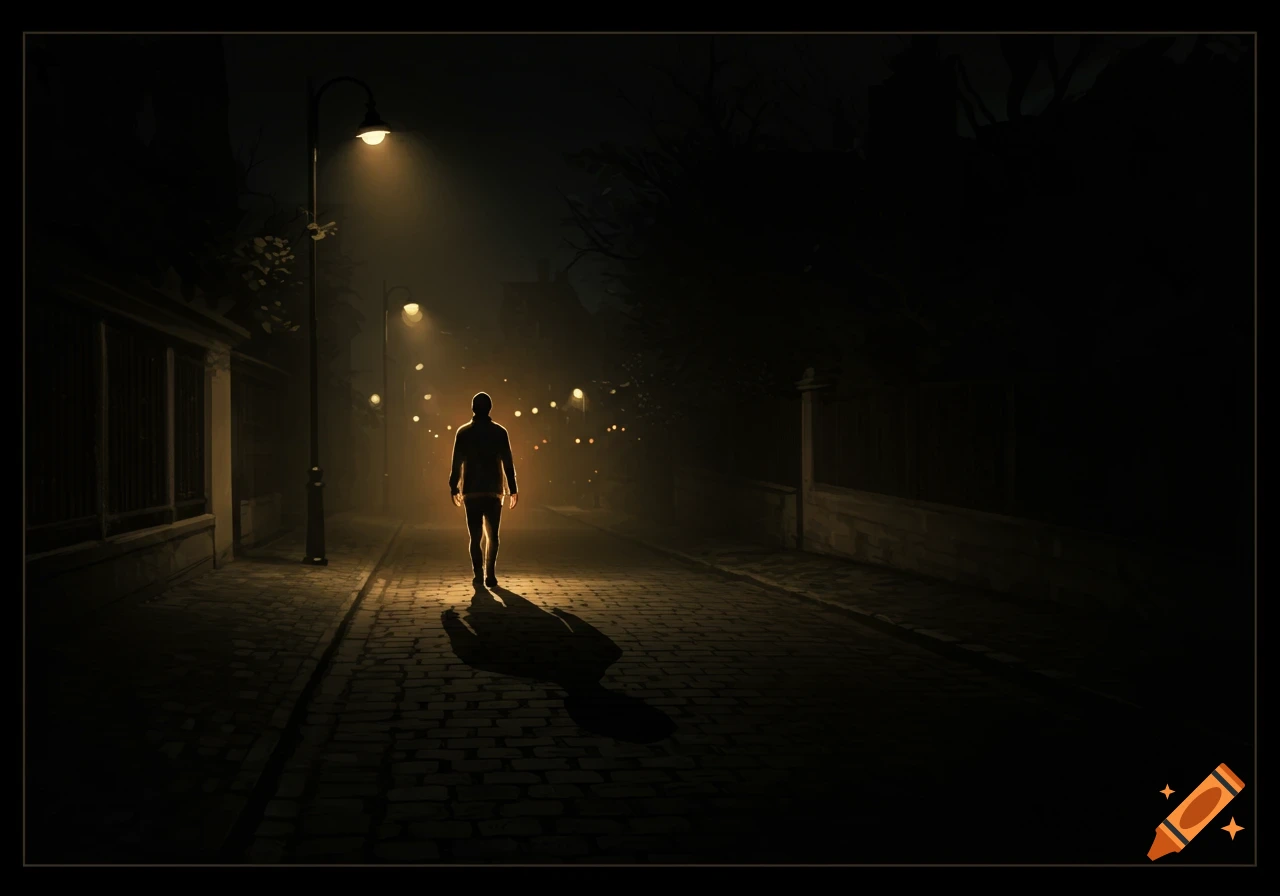 Silhouette of a man walking on a cobblestone street at night under street lamps, digital art.