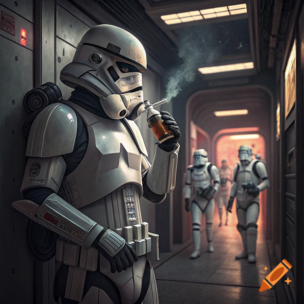A Stormtrooper drinks and smokes in a hallway with other Stormtroopers in the background. Science fiction style.