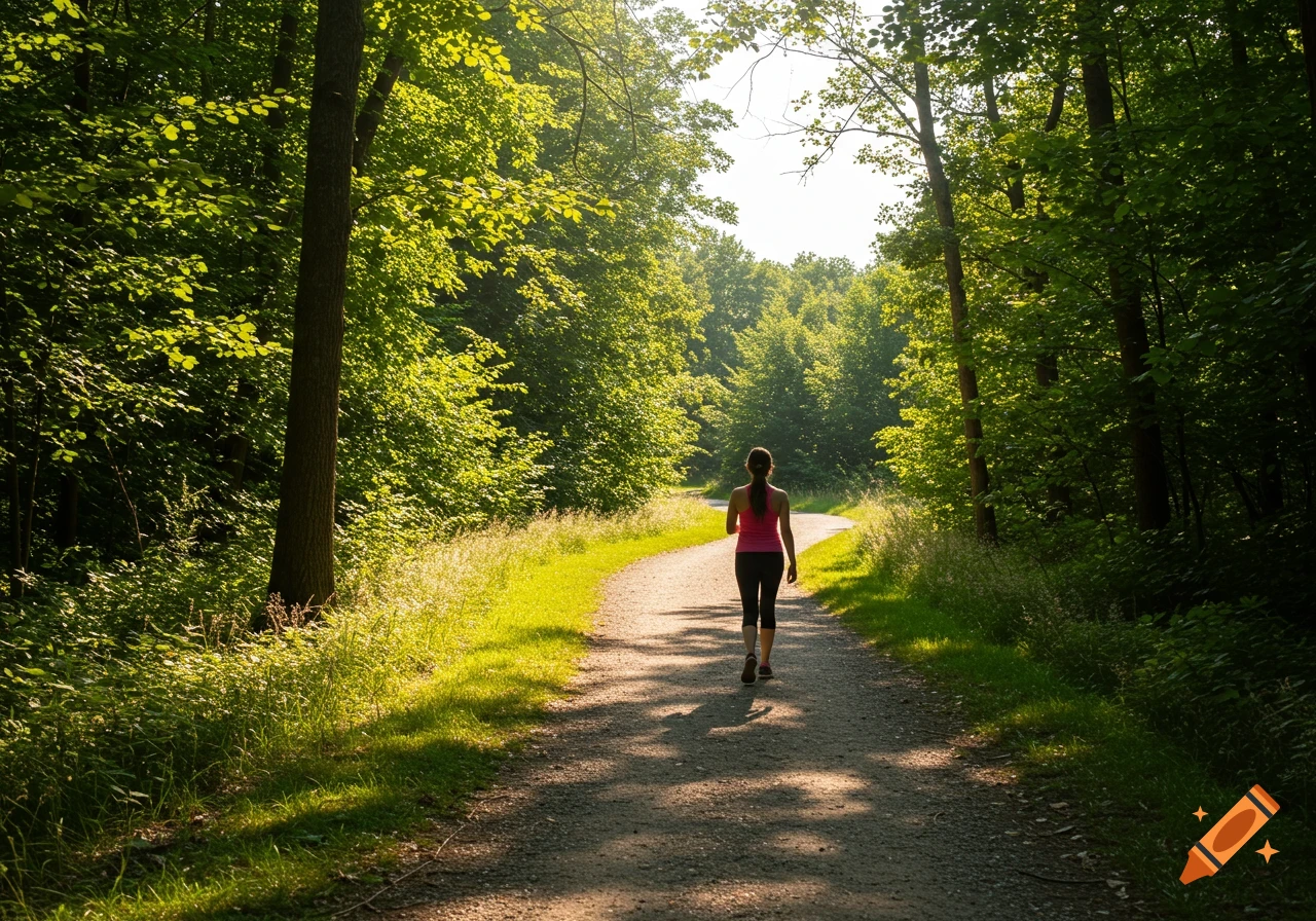 A person walks on a sunny trail through a forest.