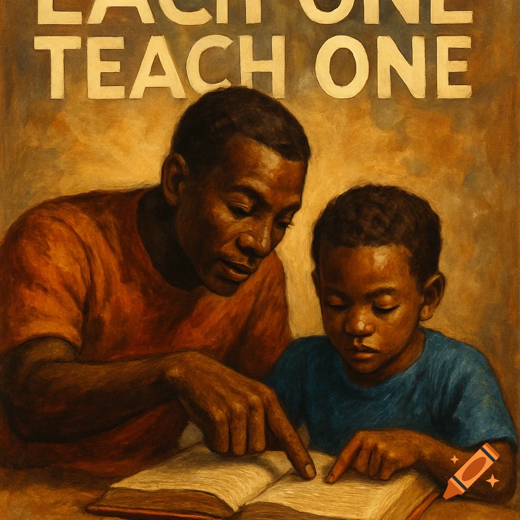 An older man is teaching a young boy to read a book, with the text "EACH ONE TEACH ONE" above them.
